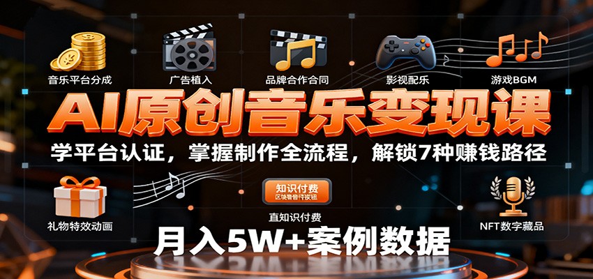AI原创音乐变现课：学平台认证，掌握制作全流程，解锁7种赚钱路径-顺彩轻创-资源网-最新项目分享网