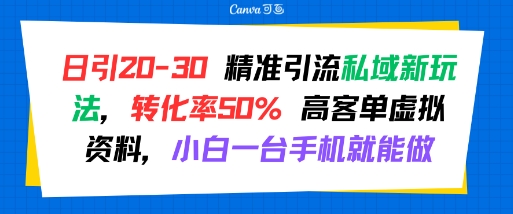 日引 20-30 精准引流私域新玩法，转化率50% 高客单虚拟资料，小白一台手机就能做-顺彩轻创-资源网-最新项目分享网