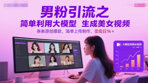 男粉引流之简单利用大模型生成美女视频，条条原创爆款，简单上传制作，变现日1k+-顺彩轻创-资源网-最新项目分享网