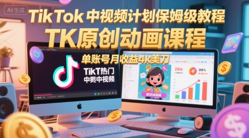 TikTok中视频计划保姆级教程，TK原创动画课程，单账号月收益4k美刀-顺彩轻创-资源网-最新项目分享网