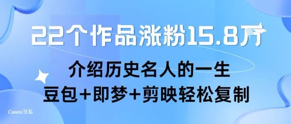 22个作品涨粉15.8W ，介绍历史名人的一生 ， 豆包+即梦+剪映轻松复制-顺彩轻创-资源网-最新项目分享网