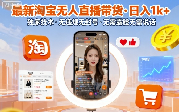 最新淘宝无人直播带货，日入1k+，独家技术，无违规无封号，无需露脸无需说话【揭秘】-顺彩轻创-资源网-最新项目分享网