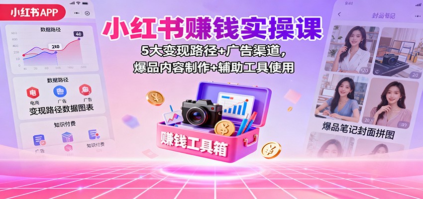 小红书赚钱实操课：5大变现路径+广告渠道，爆品内容制作+辅助工具使用-顺彩轻创-资源网-最新项目分享网