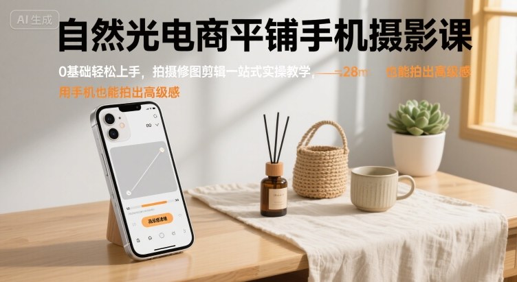 自然光电商平铺手机摄影课，0基础轻松上手，拍摄修图剪辑一站式实操教学，用手机也能拍出高级感-顺彩轻创-资源网-最新项目分享网