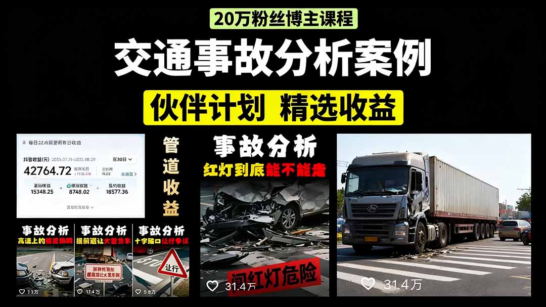 交通事故分析案例短视频，剪辑技巧+文案模板+配音教学+快速起号 月收益2w+-顺彩轻创-资源网-最新项目分享网