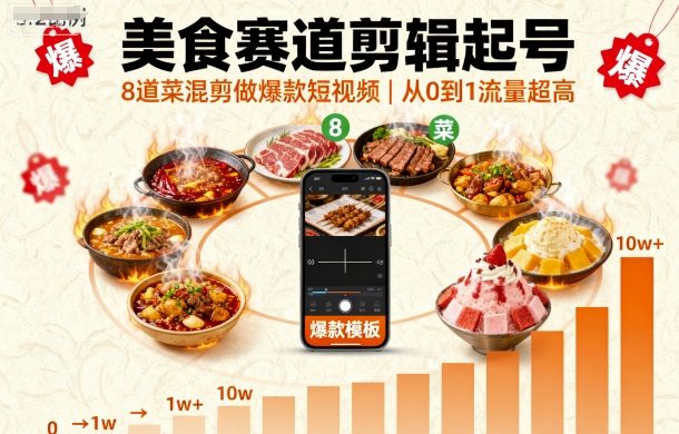 美食赛道剪辑起号，8道菜混剪做爆款短视频，从0到1，流量超高-顺彩轻创-资源网-最新项目分享网