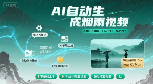 不用拍不用剪！AI自动生成烟雨视频，日入5张+，睡后收入-顺彩轻创-资源网-最新项目分享网