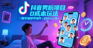 抖音男粉项目0成本玩法，一部手机即可操作，日均4张+，时间自由-顺彩轻创-资源网-最新项目分享网