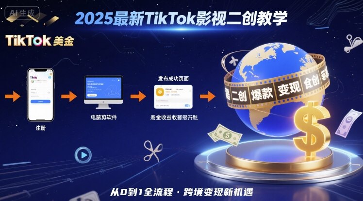 2025年最新TikTok影视二创教学，从注册到发布撸美金全流程，跨境变现新机遇-顺彩轻创-资源网-最新项目分享网