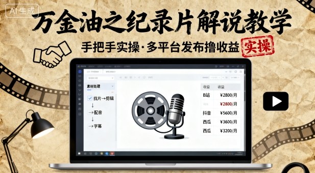 万金油之纪录片解说教学，手把手教你，完全实操，多平台发布撸收益-顺彩轻创-资源网-最新项目分享网