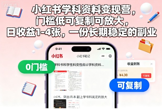 小红书学科资料变现营，门槛低可复制可放大，日收益1-4张，一份长期稳定的副业-顺彩轻创-资源网-最新项目分享网