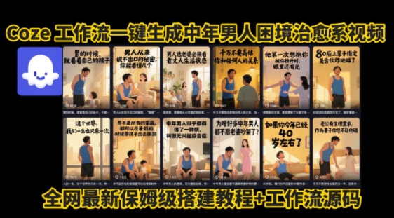 coze工作流一键生成”中年男人困境扎心高涨粉高播放量图文视频”保姆级拆解教程，无需剪辑，无需拍摄写文案-顺彩轻创-资源网-最新项目分享网