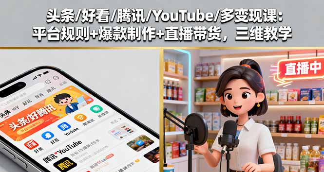 头条/好看/腾讯/YouTube/多变现课：平台规则+爆款制作+直播带货，三维教学-顺彩轻创-资源网-最新项目分享网