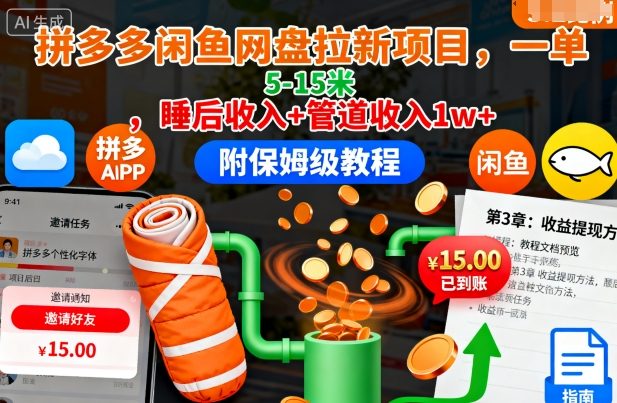 拼多多闲鱼网盘拉新项目，一单5-15米，睡后收入+管道收入1w+(附保姆级教程)-顺彩轻创-资源网-最新项目分享网