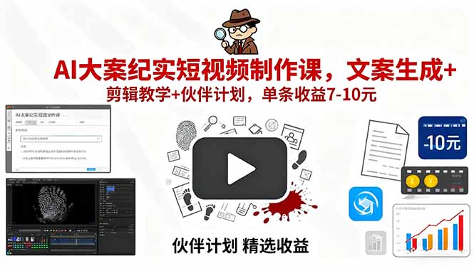 AI大案纪实短视频制作课，文案生成+剪辑教学+伙伴计划，单条收益7-10元-顺彩轻创-资源网-最新项目分享网