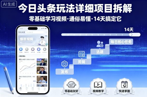 今日头条玩法详细项目拆解，零基础学习视频 通俗易懂 14天搞定它-顺彩轻创-资源网-最新项目分享网