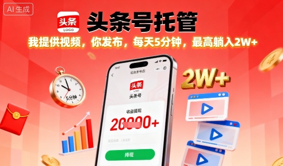【头条号托管】我提供视频，你发布，每天5分钟，最高躺入2W+【揭秘】-顺彩轻创-资源网-最新项目分享网