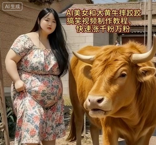 AI美女和大黄牛摔跤搞笑荒诞视频制作教程，快速涨千粉万粉-顺彩轻创-资源网-最新项目分享网
