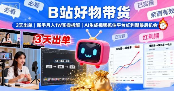 B站好物带货，3天出单，新手月入1W实操拆解，AI生成视频，抓住平台红利期最后机会-顺彩轻创-资源网-最新项目分享网