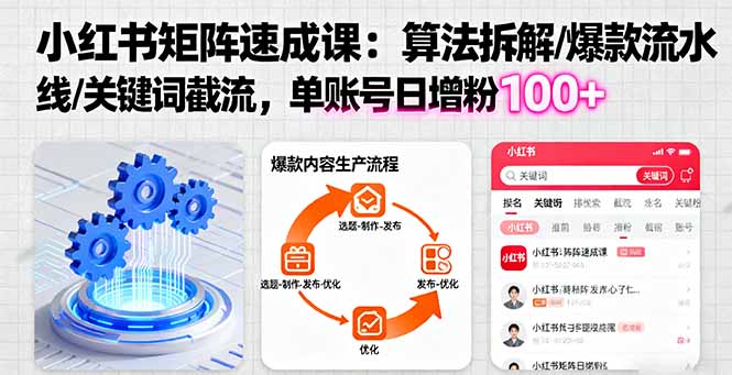 小红书矩阵起号速成课：算法拆解/爆款流水线/关键词截流 单账号日增粉100+-顺彩轻创-资源网-最新项目分享网