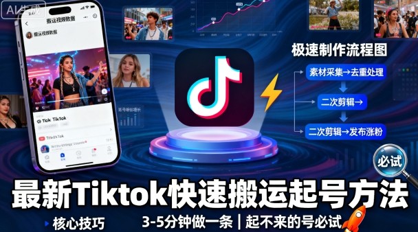 最新Tiktok快速搬运快速起号方法，3-5分钟做一条，起不来的号可以试试-顺彩轻创-资源网-最新项目分享网