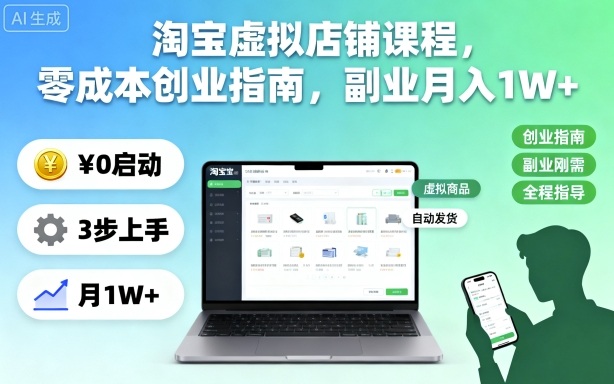 淘宝虚拟店铺课程，零成本创业指南，副业月入1W+-顺彩轻创-资源网-最新项目分享网