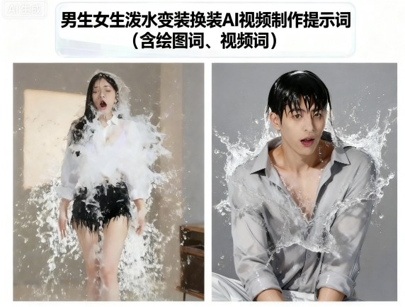 男生女生泼水变装换装AI视频制作提示词(含绘图词、视频词)-顺彩轻创-资源网-最新项目分享网