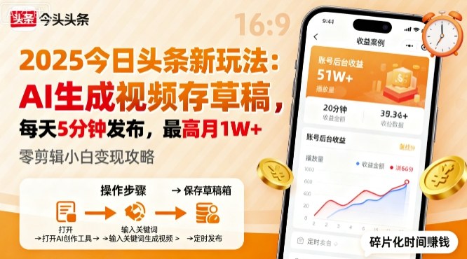 2025年今日头条躺賺新玩法，AI生成视频存草稿，每天5分钟发布，最高月1W+【揭秘】-顺彩轻创-资源网-最新项目分享网
