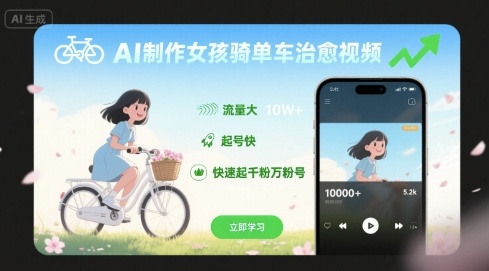 AI制作女孩骑单车治愈视频，流量大，起号快，快速起千粉万粉号-顺彩轻创-资源网-最新项目分享网
