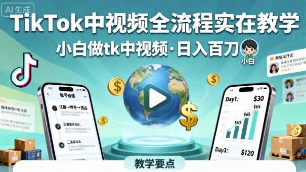 TikTok中视频全流程实操教学，小白做tk中视频，日入百刀-顺彩轻创-资源网-最新项目分享网