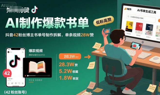 AI制作爆款书单，抖音42粉丝博主书单号制作拆解，单条视频28W赞-顺彩轻创-资源网-最新项目分享网