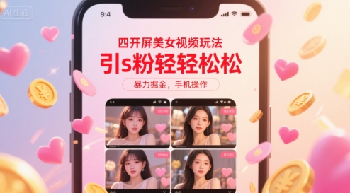 四开屏美女视频玩法，引s粉轻轻松松，暴力掘金，手机操作【揭秘】-顺彩轻创-资源网-最新项目分享网