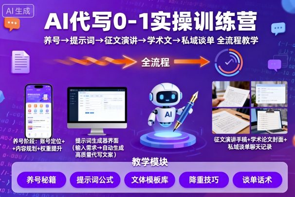 AI代写0-1实操训练营，从养号、提示词、征文演讲、学术文，到私域谈单的全流程教学-顺彩轻创-资源网-最新项目分享网