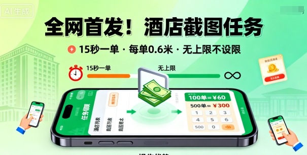 全网首发！酒店截图任务，15秒一单，每单0.6米，任务无上限不设限，矩阵操作单日3张到手【揭秘】-顺彩轻创-资源网-最新项目分享网